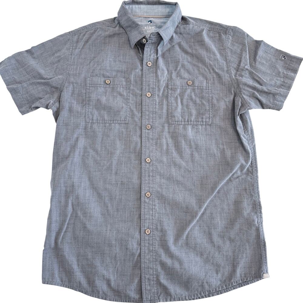 Kuhl Men’s Small Gray Blue Button Down Shirt Short Sleeve Casual Outdoor 22” PTP